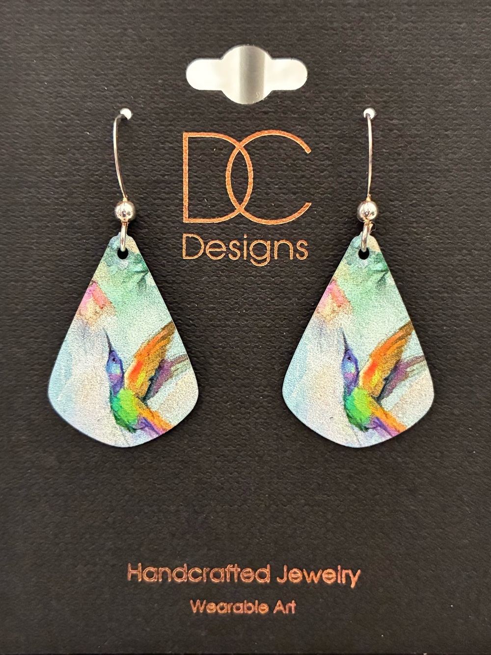 DC Designs Hummingbird Floral Art Print Earrings Sterling Silver Wire Teardrop